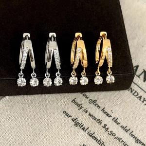 Boucles D'oreilles Créoles Zirconia Double Couche Cuivre Élégant Minimaliste Pendentif Pierre Ronde Bijoux Mode Femme