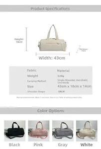 Detailed size specifications of the minimalist nylon travel duffel bag in four colors