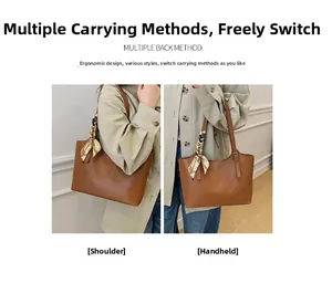 Brown leather tote bag with silk scarf detail shown in handheld and shoulder styles