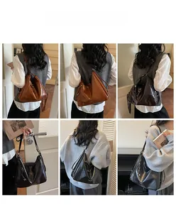 Collage of black and brown large capacity soft leather hobo bags shown on a model