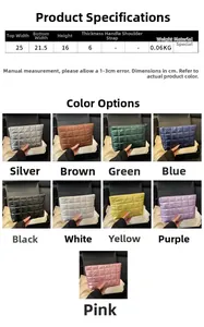 Size specifications and nine available colors for the pleated nylon quilted makeup bag