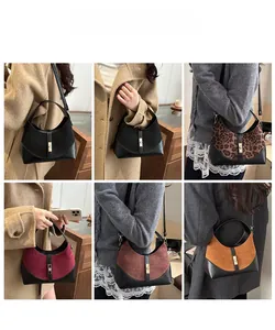 Detail showing various colors of retro hobo bags styled with different outfits