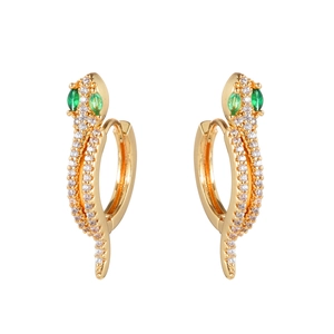 Boucles d'oreilles serpent dorées serties de zircons blancs et yeux en pierre verte