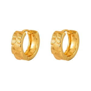 Golden huggie hoop earrings with embossed fish scale texture and polished finish