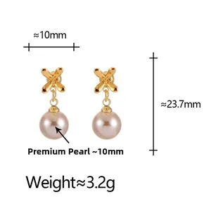 Detail view of pearl flower earrings showing 23.7mm height and 10mm pearl diameter