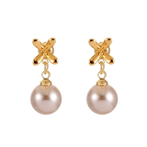 Elegant gold flower stud earrings with champagne pearls on a clean white background