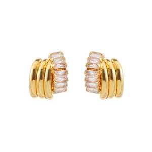 Elegant gold-plated stud earrings with parallel stripes and rectangular zircon stones