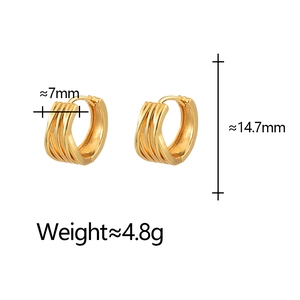 Detail view of gold textured hoop earrings showing 14.7mm height and 7mm width dimensions