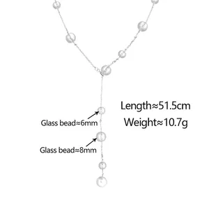 Elegant Y-shaped silver necklace with frosted white glass beads and chic long tassel design