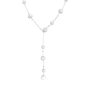 Elegant silver Y-shaped tassel necklace featuring polished round beads and sleek chain