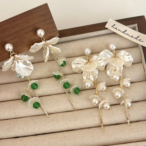 Long Tassel Drop Earrings Flower Petal Imitation Artificial Pearl Crystal Beads Elegant Fairy Style Jewelry Women With Copper Earring Post