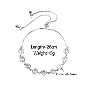 Detail view of adjustable silver bracelet with 6.5mm sparkling zircon stones