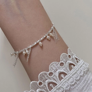 Silver Plated Copper Tassel Necklace And Bracelet Set With Artificial Pearls Elegant Sweet Clavicle Chain Jewelry For Women