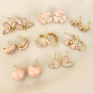 Pink Enamel Heart Flower Butterfly Stud Earrings Gold Plated Copper Sweet Elegant Jewelry For Women Girls
