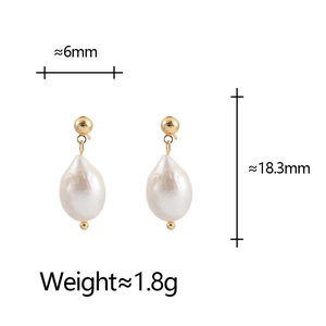 Elegant gold freshwater pearl earrings with size 6mm and 18.3mm on white background