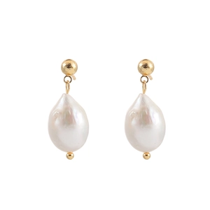 Elegant gold drop earrings featuring baroque freshwater pearls on a clean white background