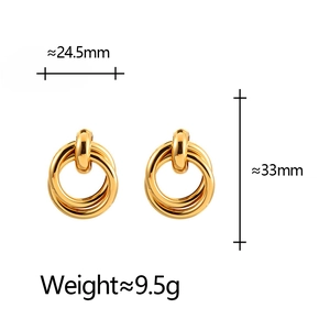 Polished gold geometric interlaced circle earrings with triple-layered ring design
