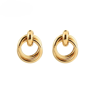 Elegant gold intertwined triple hoop earrings with a high-polished finish on white background