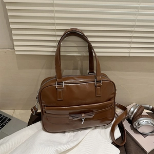 Women Fashion PU Leather Tote Bag Vintage Shoulder Handbag With Bowknot Heart Pendant For Daily Commute Work Casual Top Handle Bag