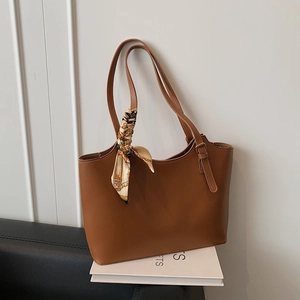 Chic brown tote bag for women with decorative silk scarf and large capacity for work