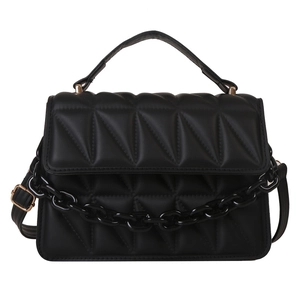 Minimalist black quilted square crossbody bag with geometric patterns and thick chain strap