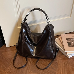 Retro dark coffee large capacity hobo tote bag in oily leather finish with silver zipper
