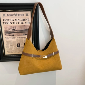 Retro mustard yellow suede tote bag with brown leather strap and metal buckle
