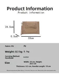 Detail of beige PU envelope clutch with silver square rivets and a 19cm wrist strap