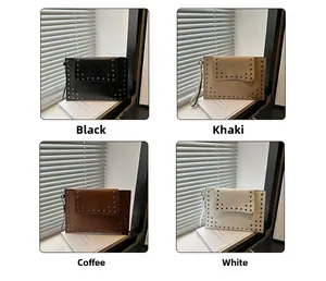 Detail view of riveted clutch bags showing the textured finish in four classic colors