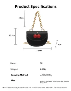 Size diagram of a black mini cherry bag with gold chain and dimensions 13.5x10.5x6cm