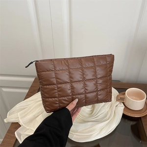Women Fashion Quilted Puffer Makeup Bag Metallic Shiny Nylon Square Clutch Handbag Travel Toiletry Storage Pouch Case Organizer