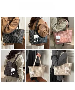 Lifestyle view of large capacity printed tote bags with plush pendants in four colors