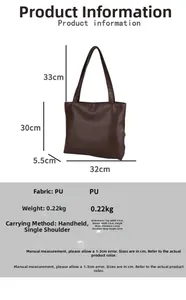 Detailed size chart for the PU leather tote bag with dimensions and technical specs