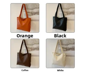 Collage of large tote bags in orange, black, brown, and white soft leather for daily commute