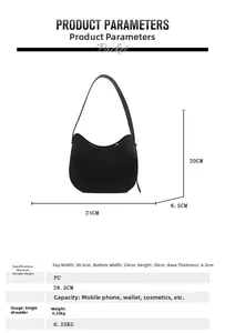 Tableau des tailles détaillé pour sac seau demi-lune en cuir PU noir avec dimensions