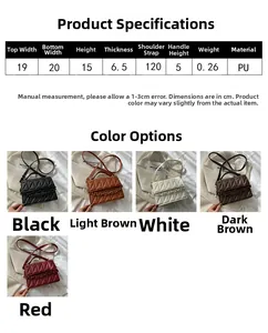 Detailed view showing five colors of quilted PU leather chain bags with size parameters