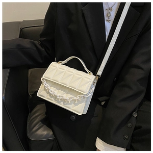 Close-up of white quilted crossbody bag with textured triangular pattern and chain