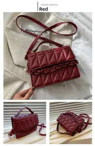 Macro detail of red quilted PU leather bag with triangle stitching and thick chain strap