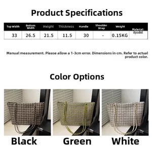 Size chart for checkered tote bag with chain strap, showing measurements and colors