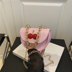 Trendy Women PU Leather Small Square Bag With Cherry Rhinestone Decor Gold Chain Shoulder Crossbody Handbag Fashion Casual Purse