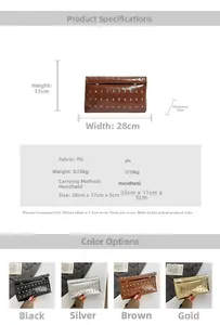 Detailed specs of PU leather rivet clutch bags in black, silver, brown and gold finishes