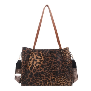 Retro leopard print tote bag with large capacity and detachable woven shoulder strap