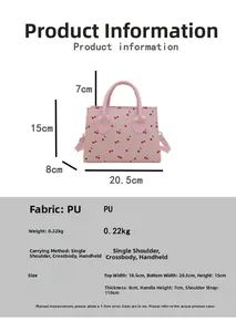 Infographic showing pink cherry handbag dimensions 20.5x15x8cm and product specifications