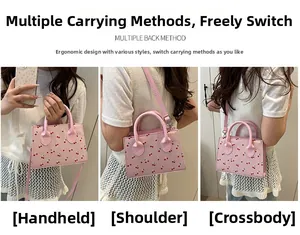 Pink cherry pattern crossbody bag showing three versatile styles of carrying and wearing