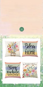 Detail of four spring floral cushion covers featuring digital prints and artistic typography
