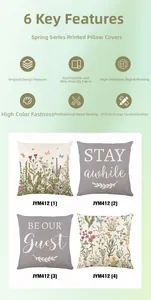 Detail of floral prints and STAY Awhile typography on polyester decorative pillowcases