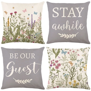 Floral Butterfly Throw Pillow Covers Polyester Linen Texture Letter Print Square Cushion Cases Spring Home Decor
