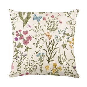 Floral pillow cover with vintage wildflowers and butterflies on beige linen fabric
