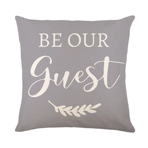 Gray floral linen pillowcase with Be Our Guest print for spring sofa decoration