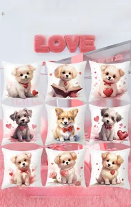 Detail showcasing nine unique Valentine's Day dog print pillow covers in a grid layout